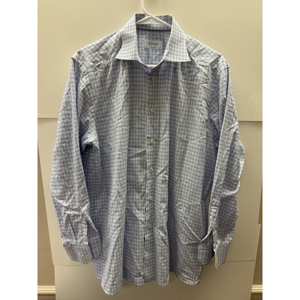 Eton Contemporary Fit Dress Shirt 16.5 42 L Light Blue Navy Tattersall Check EUC